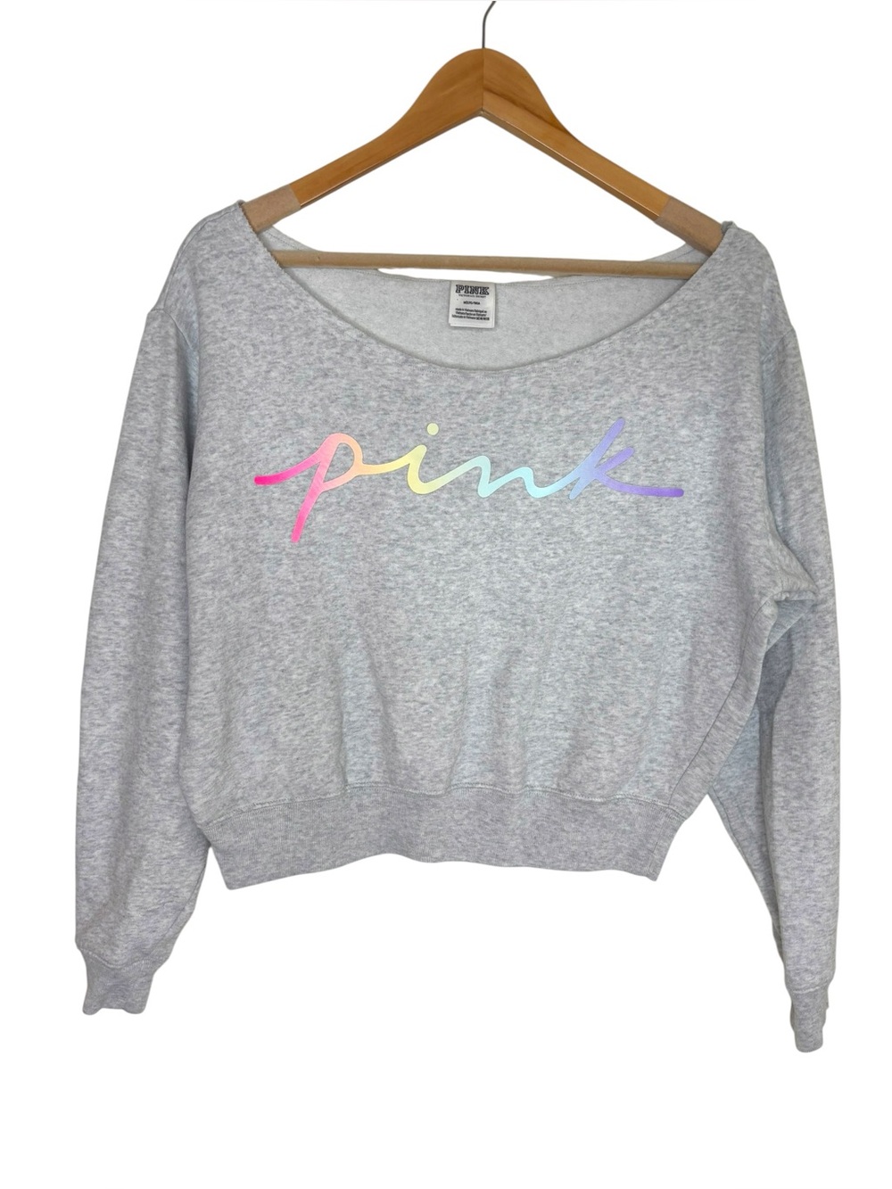 PINK Victoria’s Secret sweatshirt gray rainbow graphic off the shoulder medium